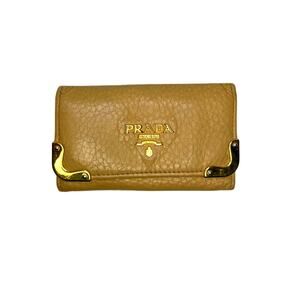 Prada Pebbled Leather 6 Key Holder Camel Tan Gold Corner Logo Case